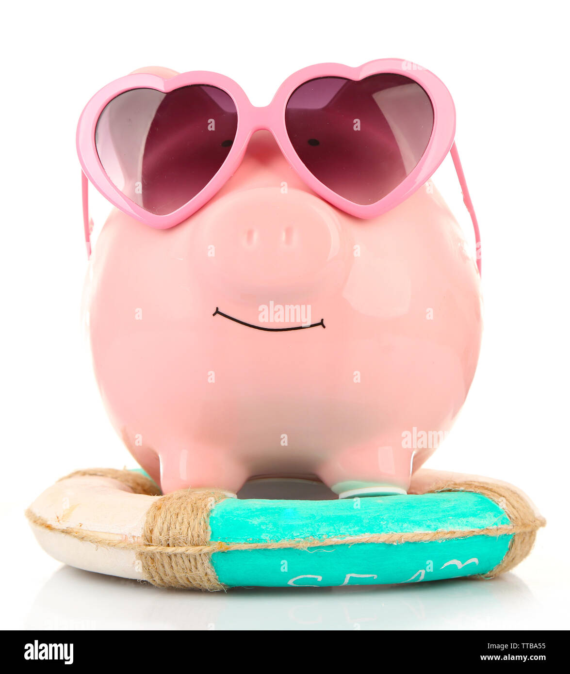 Pink piggy bank in sunglasses with lifebuoy isolated on white Stock ...