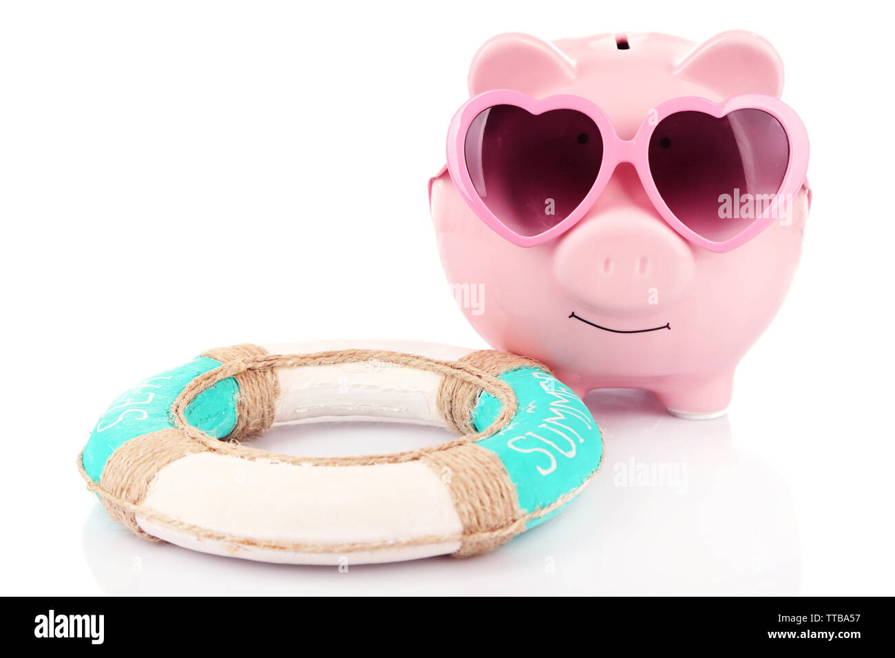 Pink piggy bank in sunglasses with lifebuoy isolated on white Stock ...