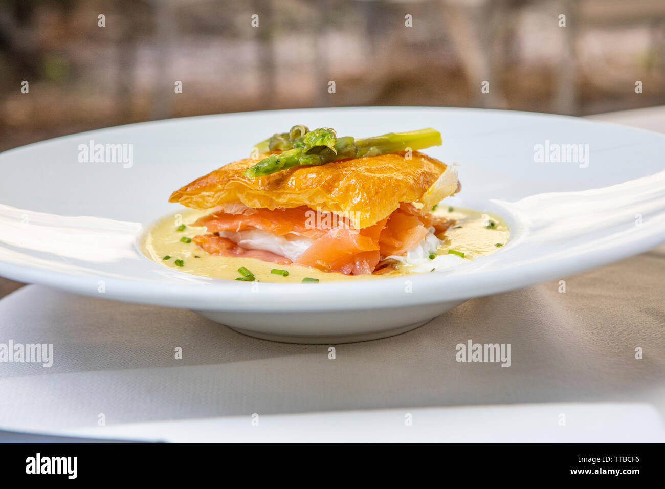 Smoked salmon and poached egg Stock Photo