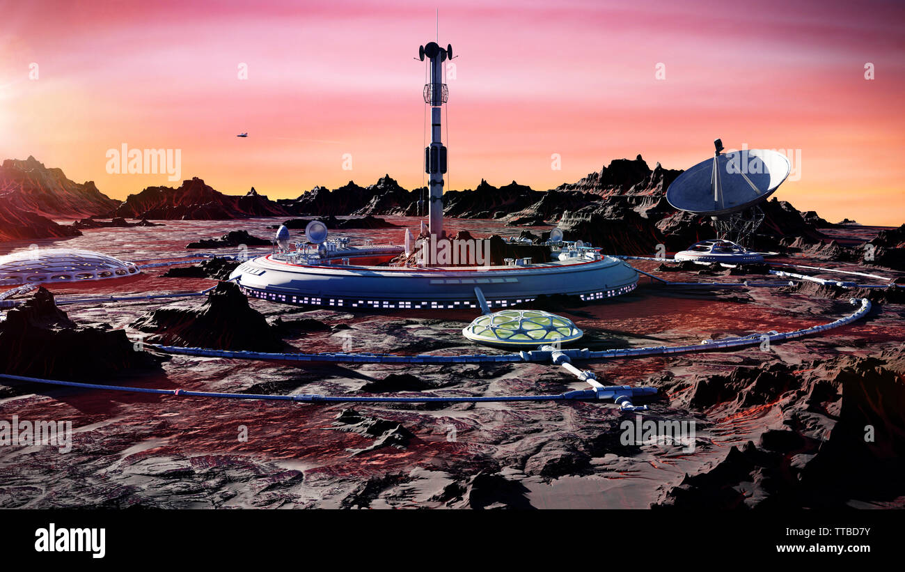 station on Mars surface, first martian colony in desert landscape on the red planet (3d space rendering) Stock Photo