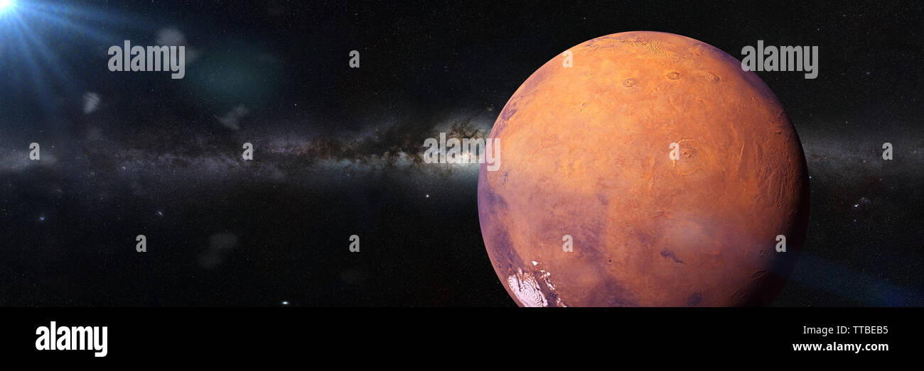 planet Mars the beautiful Milky Way galaxy and the Sun (3d render banner, elements of this image are furnished by NASA) Stock Photo