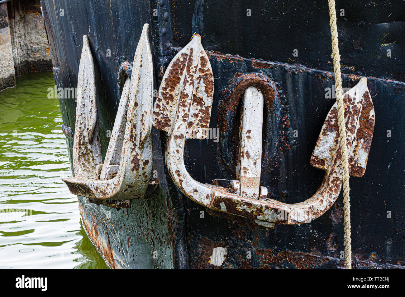 Rusting Anchors on a boat in the Canal Basin at Gravesend, Kent. UK
