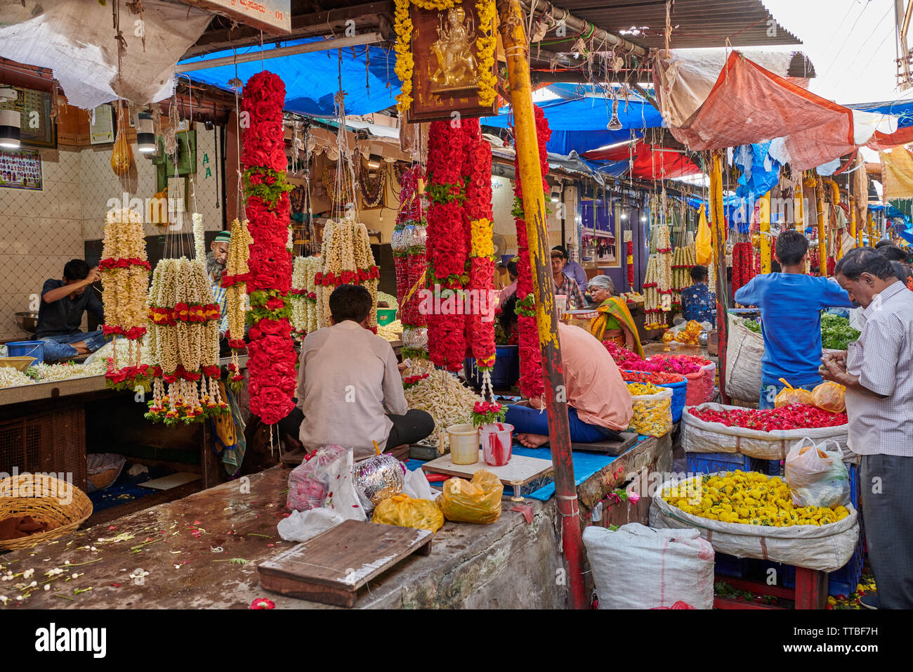 flower stall on Devaraja fruit and vegetable market, Mysore,  Karnataka, India Stock Photo