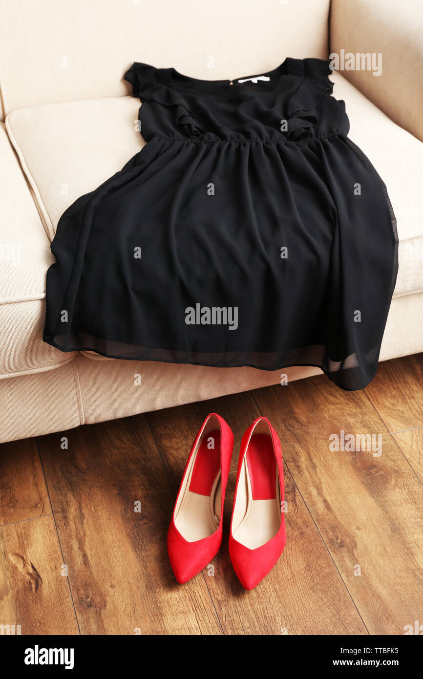 black dress with red shoes and bag Black Dress with Red Shoes and Bag