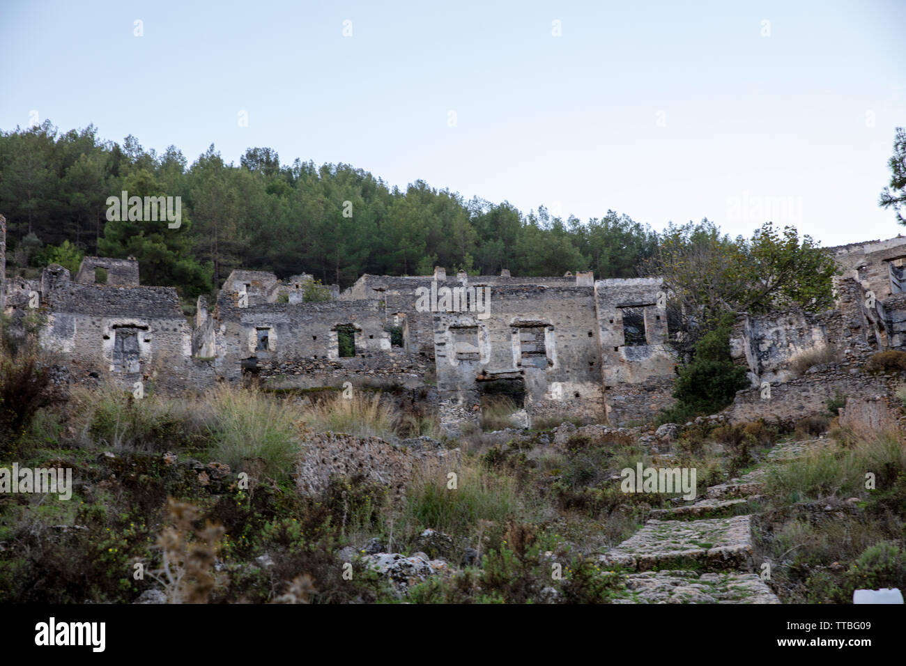 Historical Lycian village of Kayakoy, Fethiye, Mugla, Turkey. Ghost Town Kayaköy, anciently known as Lebessos and Lebessis. Stock Photo