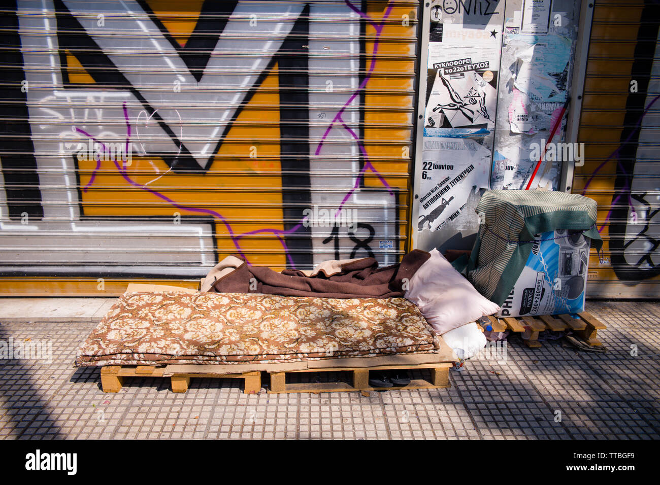 Homeless pallet bed and pillow, Athens Greece Stock Photo Alamy