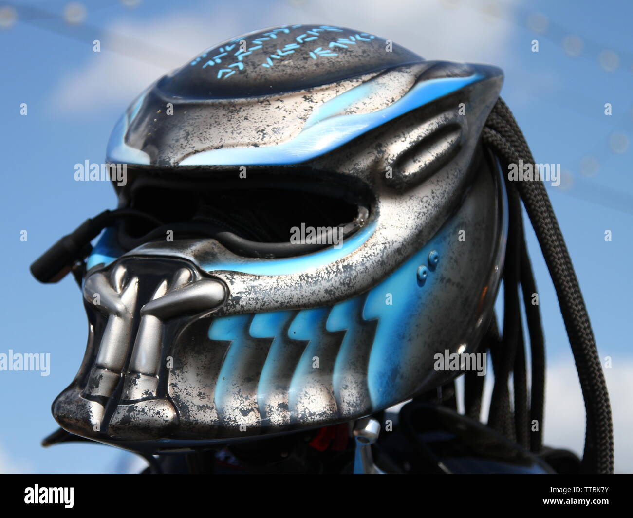 Paignton, Devon, England: A close up of a Predator style motorbike helmet Stock Photo