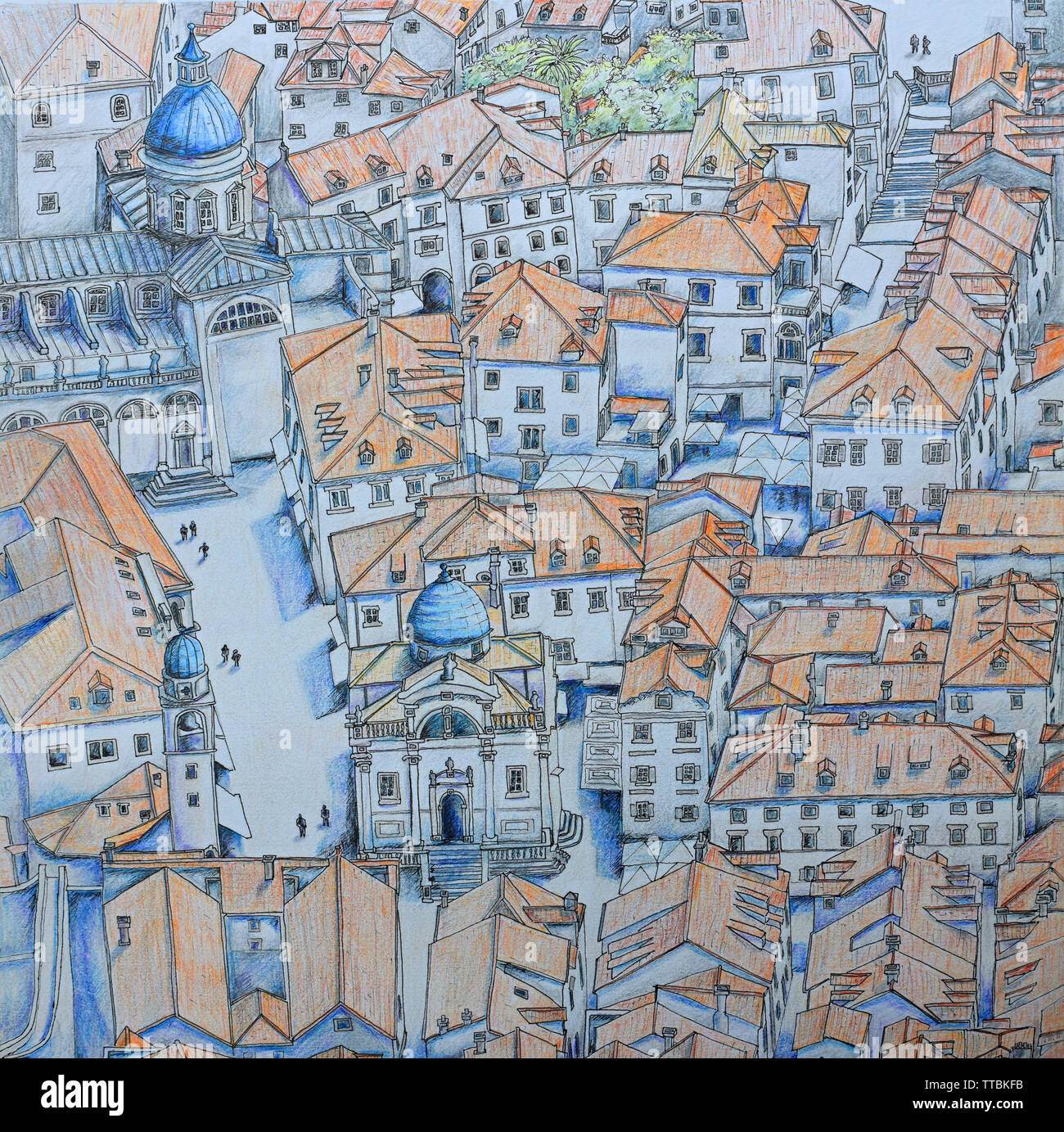 Ink and Coloured Pencil Drawing of Dubrovnik from above Stock Photo