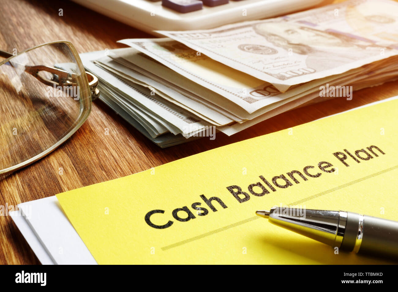 Cash Balance Plan and money with calculator. Stock Photo