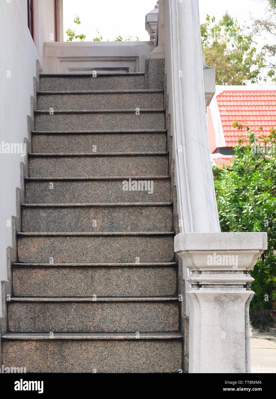 Details Of Empty Outdoor Marble Staircase And Banister Of The