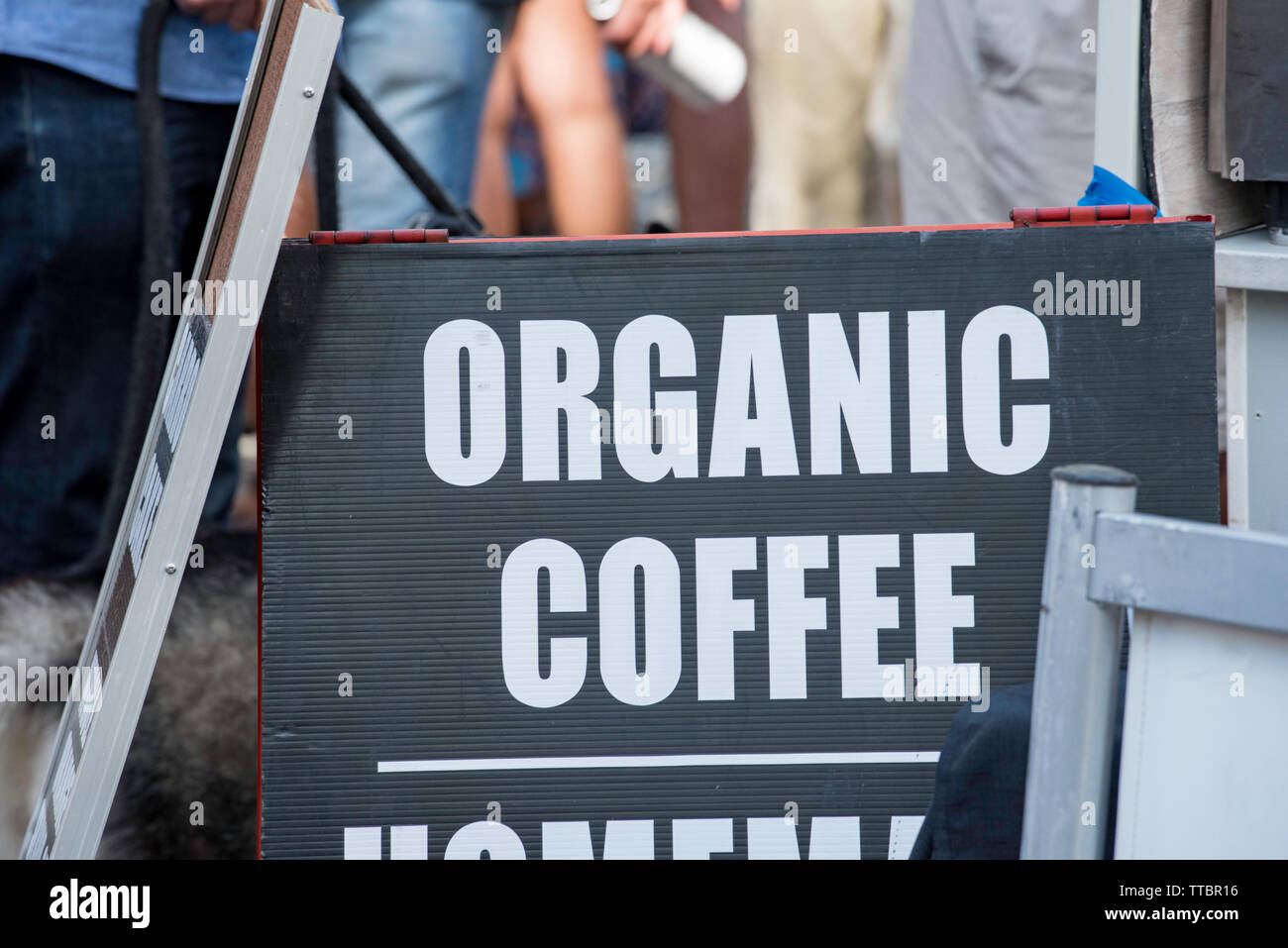 An Organic Coffee sign at a weekend community market in New South Wales, Australia Stock Photo