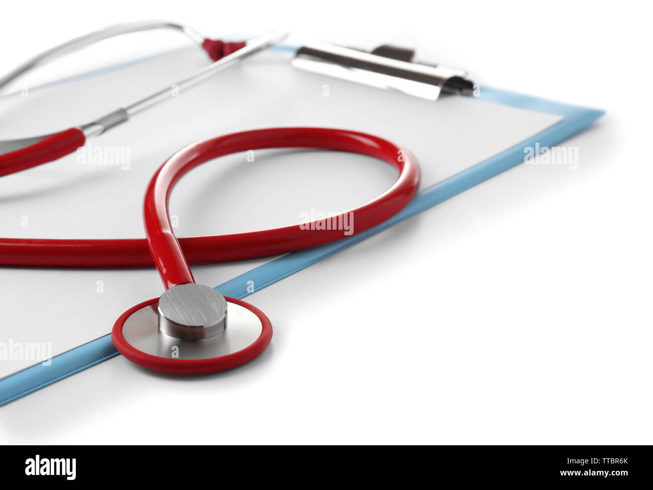 Medical stethoscope with clipboard isolated on white Stock Photo - Alamy