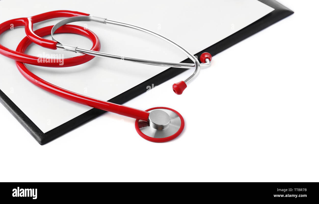 Medical stethoscope with clipboard isolated on white Stock Photo - Alamy