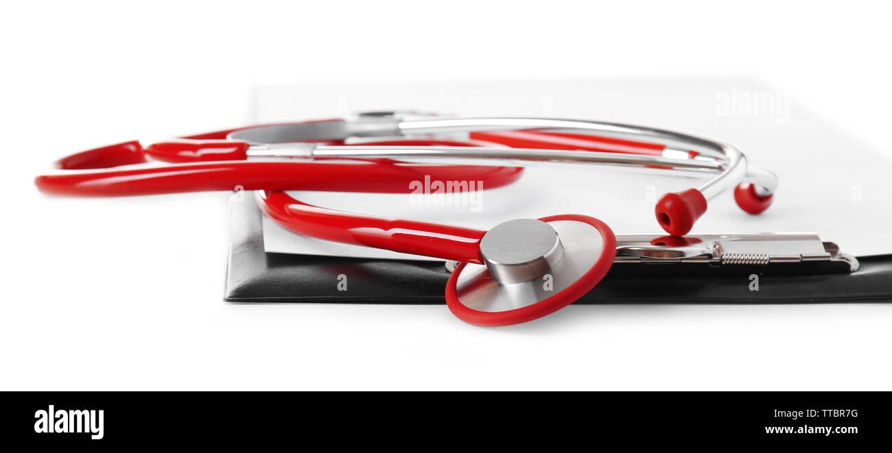 Medical stethoscope with clipboard isolated on white Stock Photo - Alamy