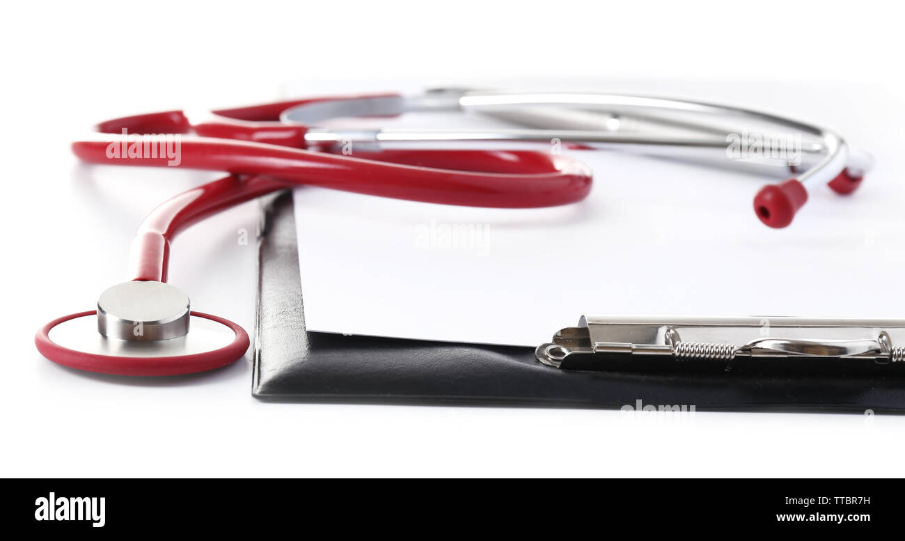 Medical stethoscope with clipboard isolated on white Stock Photo - Alamy