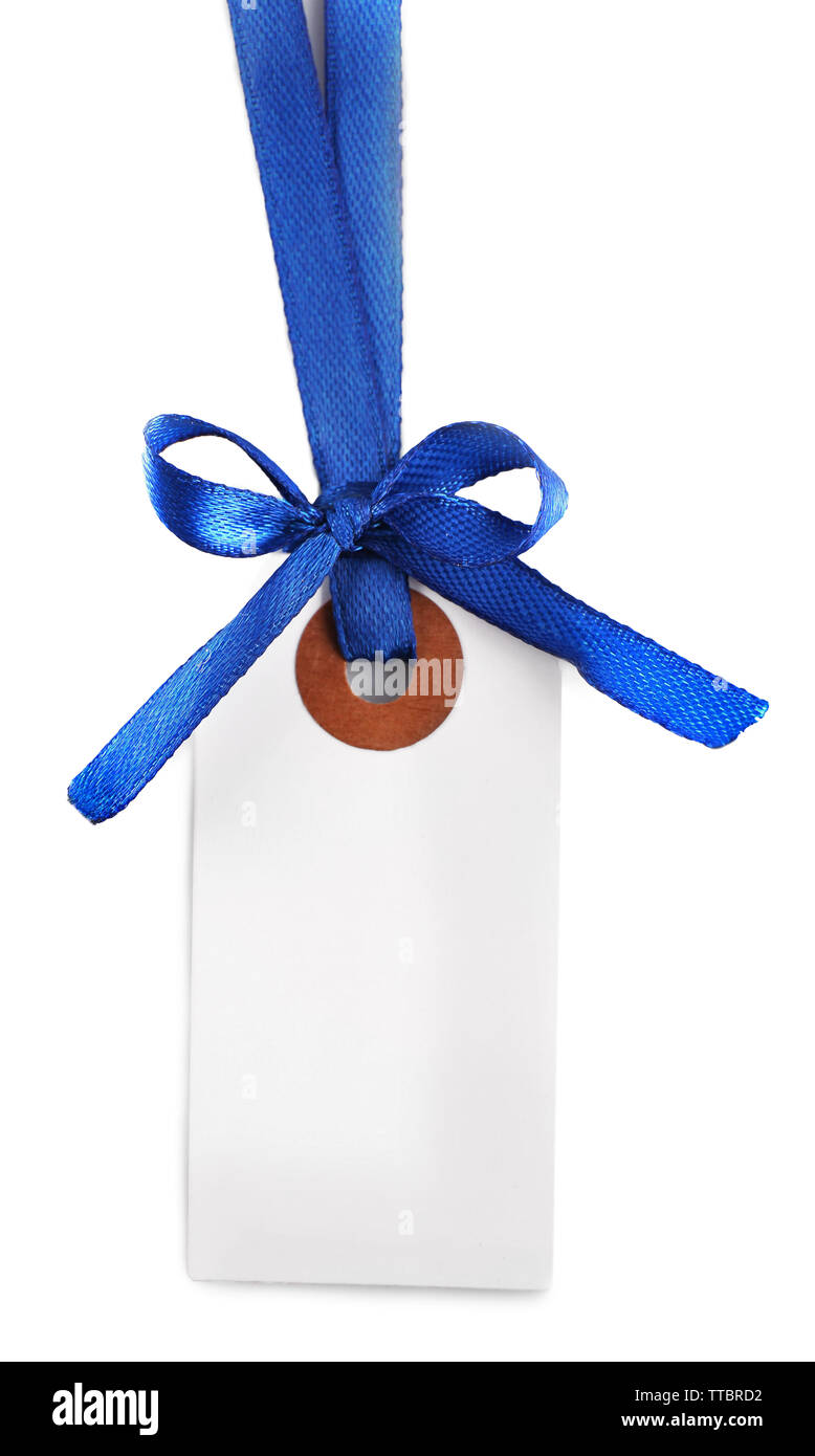 Blank gift tag with bow isolated on white Stock Photo Alamy