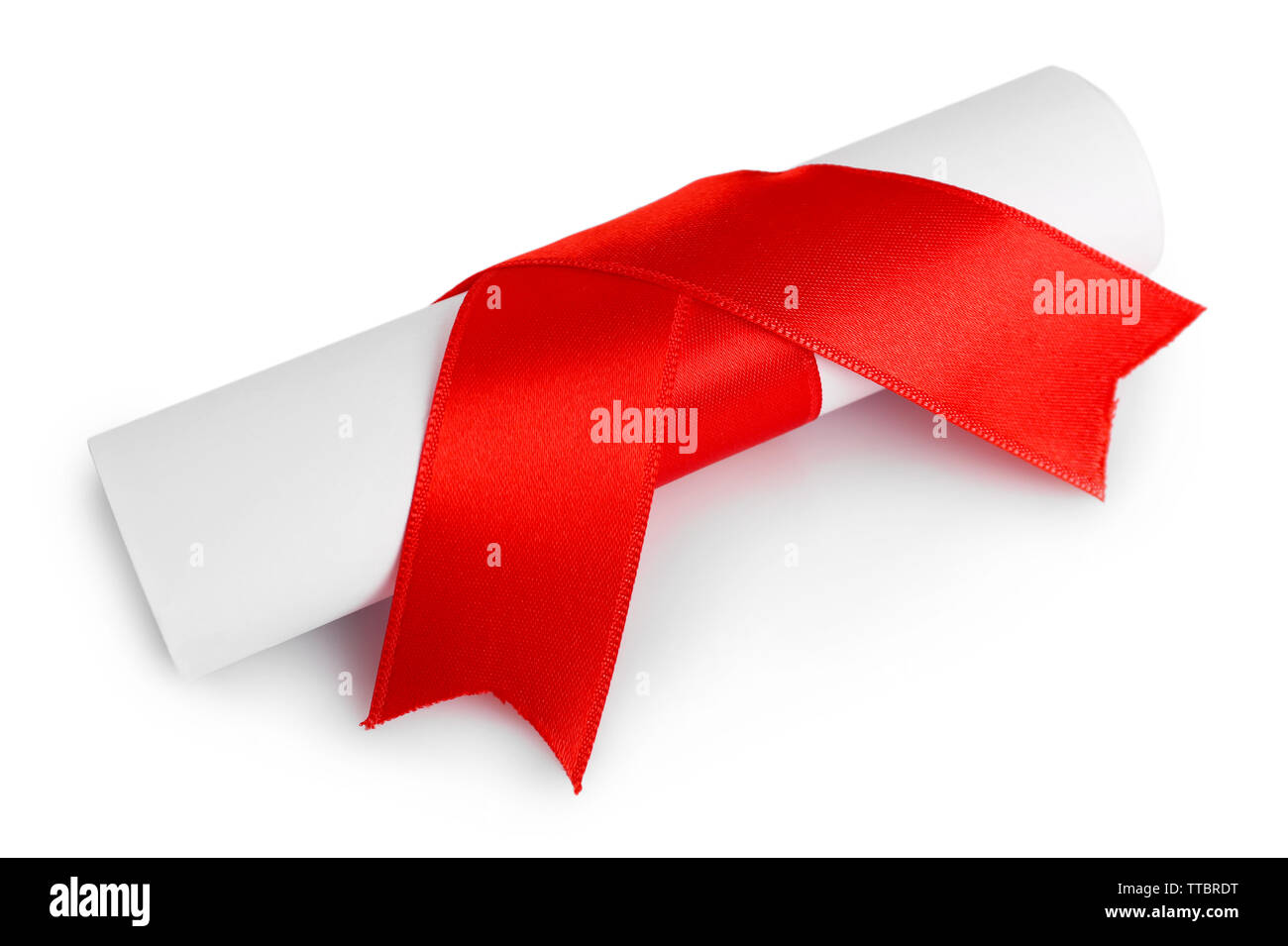 Rolled paper with red ribbon isolated on white Stock Photo - Alamy