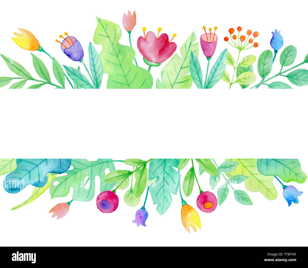 Watercolor floral background with flowers and green leaves. Decorative ...