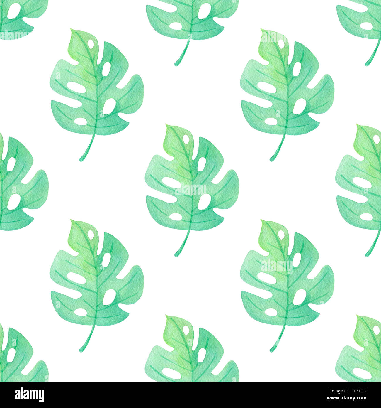Watercolor tropical seamless pattern with green palm leaves on a white ...