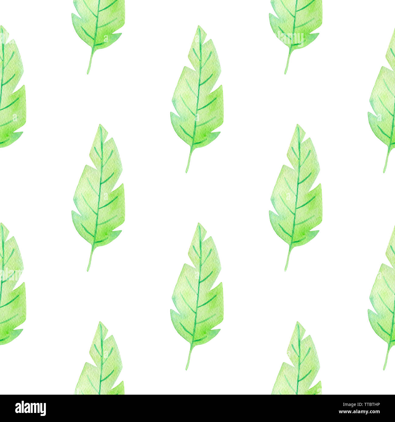 Watercolor summer tropical seamless pattern with green palm leaves on a ...