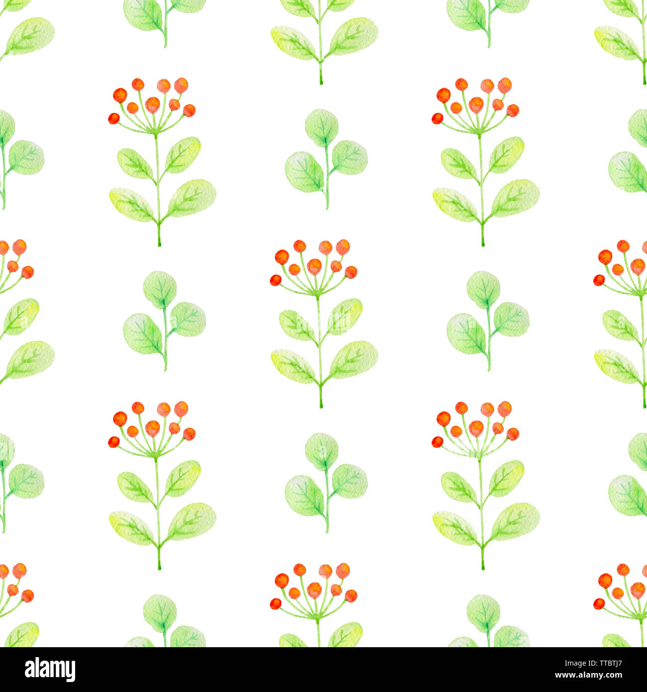 Watercolor seamless pattern with green leaves and red berries on a ...