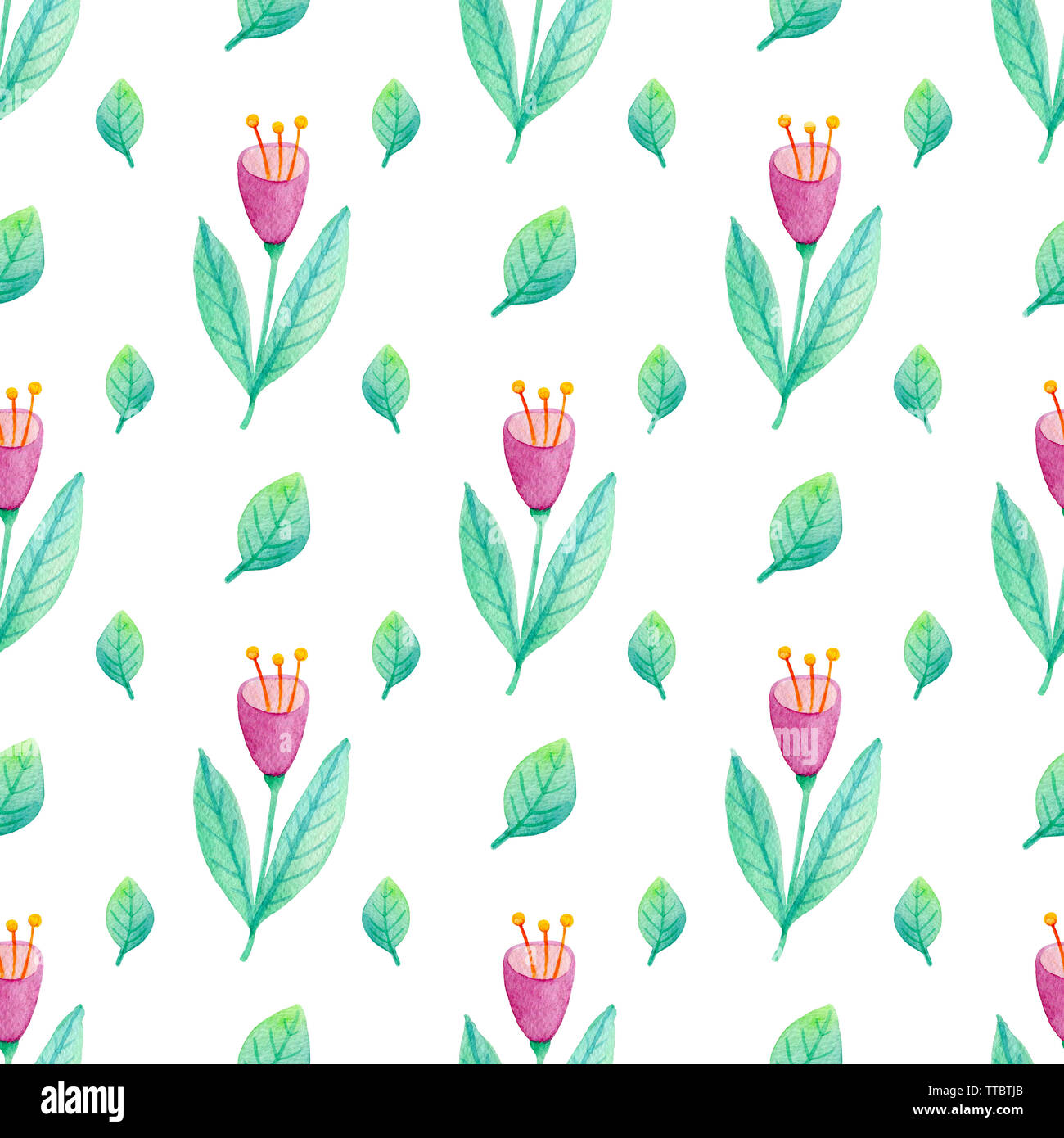 Watercolor floral seamless pattern with pink flowers and green leaves ...