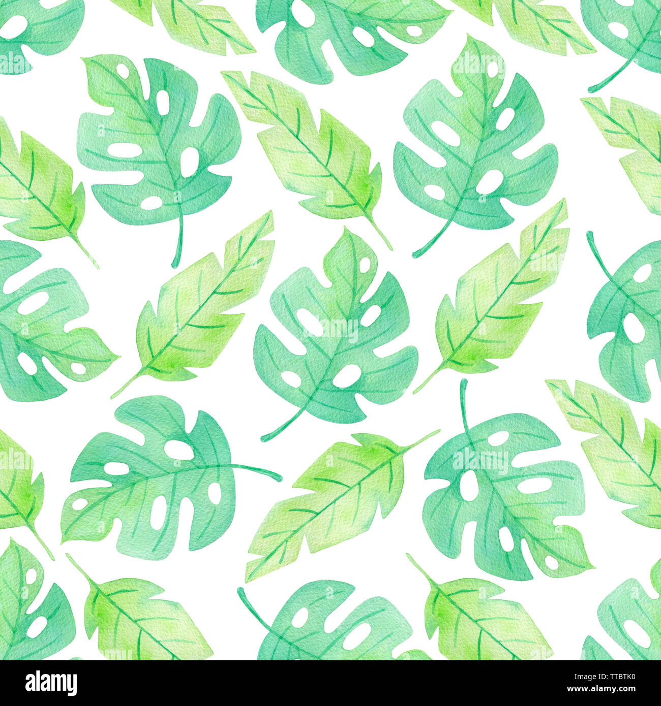 Watercolor summer tropical seamless pattern with green palm leaves on a ...