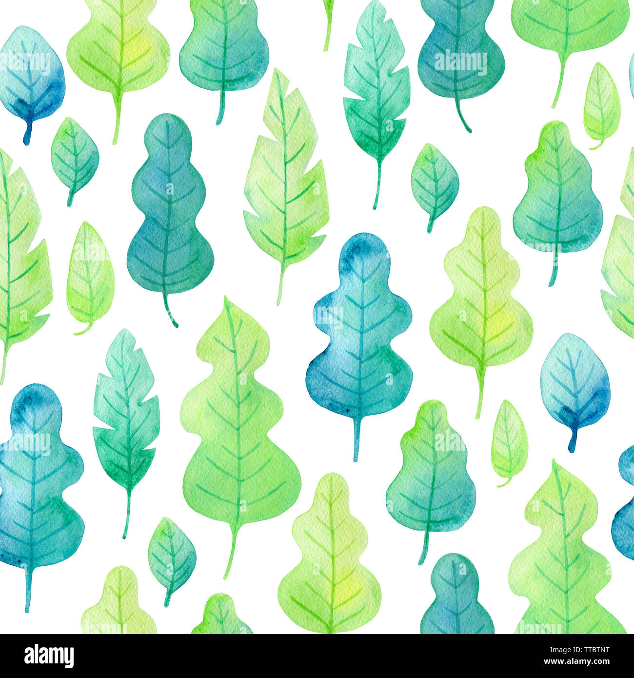 Watercolor seamless pattern with green leaves on a white background ...
