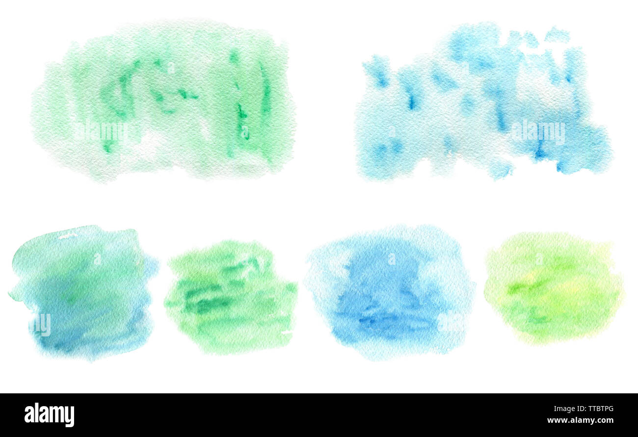 Set of hand drawn abstract green and blue watercolor textures on a ...