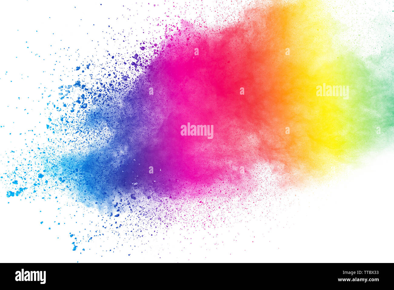 Colorful background of pastel powder explosion.Color dust splash on white background. Stock Photo