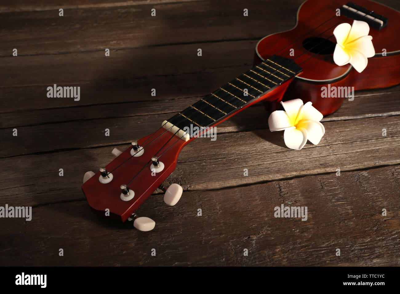 Part of Hawaiian acoustic guitar and flowers on dark wooden background Stock Photo
