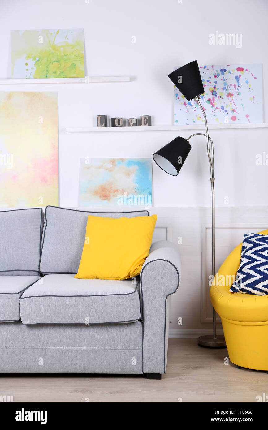 Beautiful modern living room with grey sofa and floor lamp Stock Photo ...