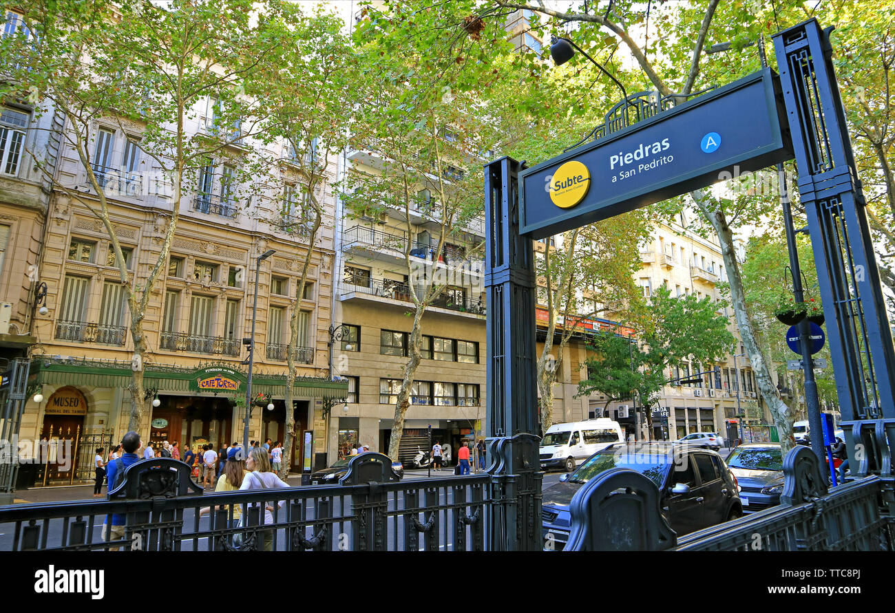 Subway (Subte) Piedras Station on Avenida de Mayo Avenue on the Opposite Side of Historic Cafe Tortoni, Buenos Aires, Argentina, South America Stock Photo