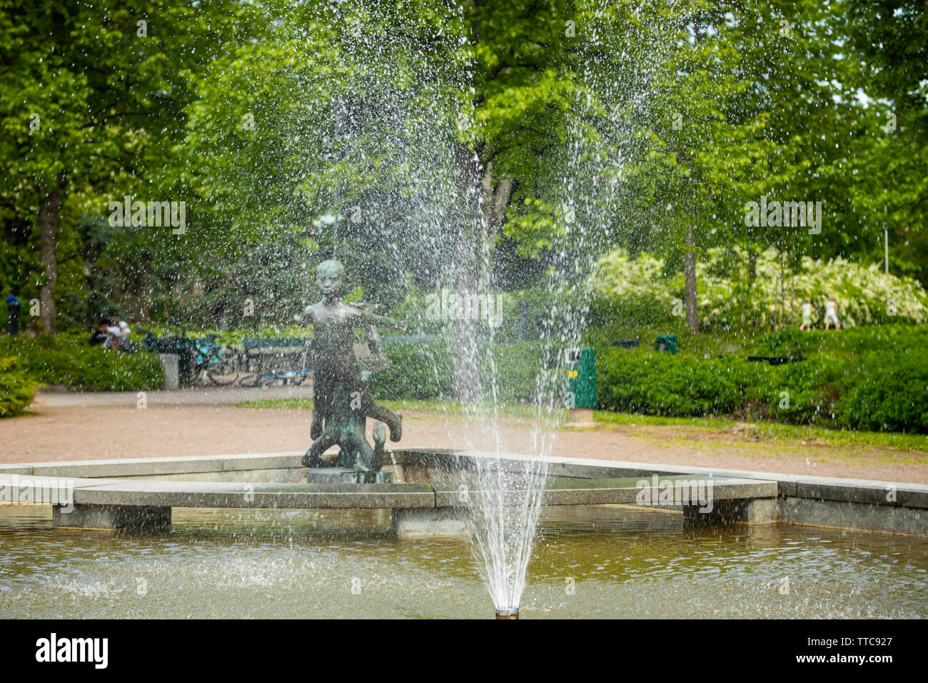 Fountain and sculpture in city park Jaakonpuisto, Kouvola Finland Stock Photo