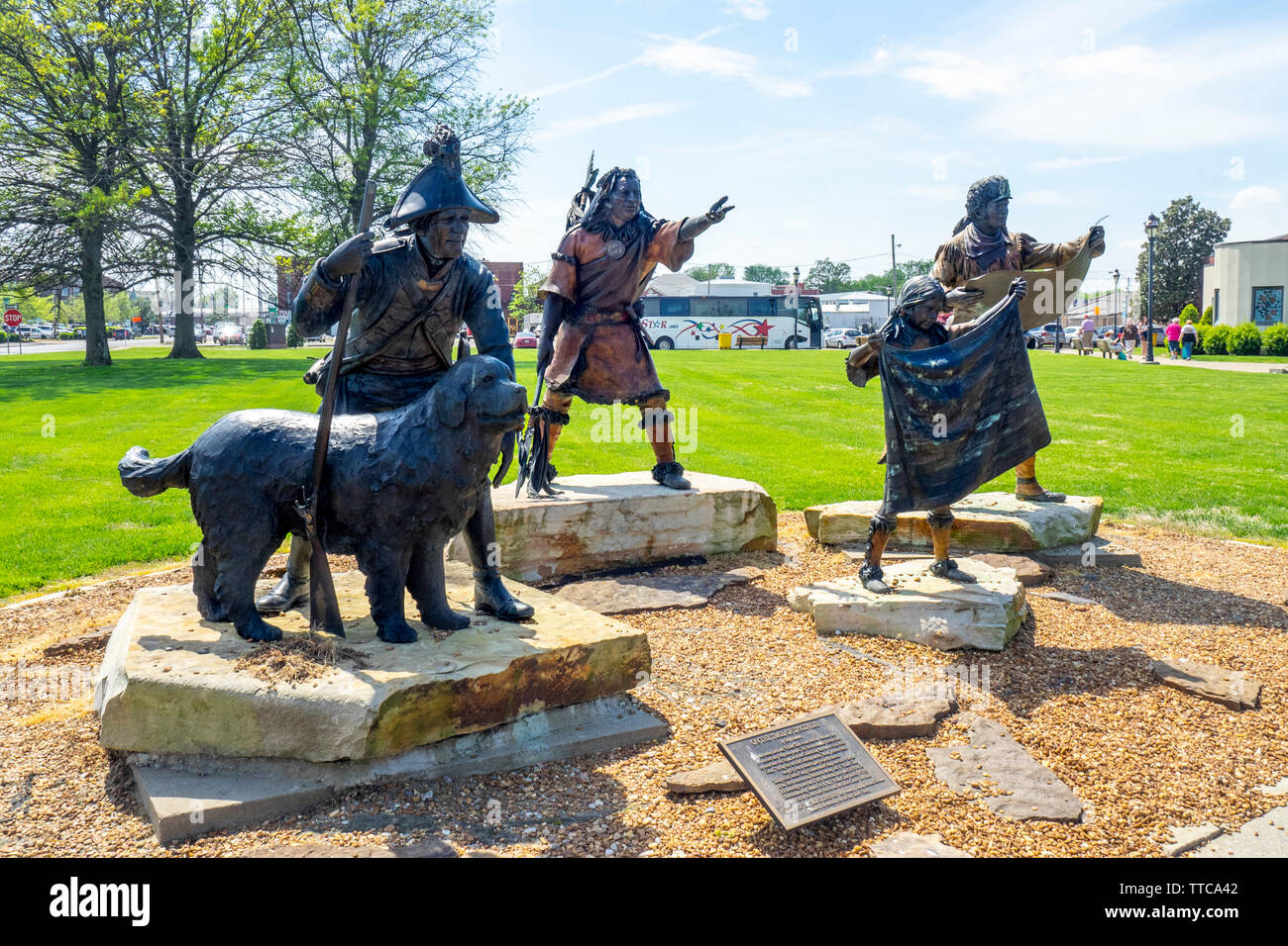 On the Trail of Discovery sculpture by George Lundeen depicting Meriwether Lewis, William Clark a native American man and girl, Paducah  Kentucky USA Stock Photo