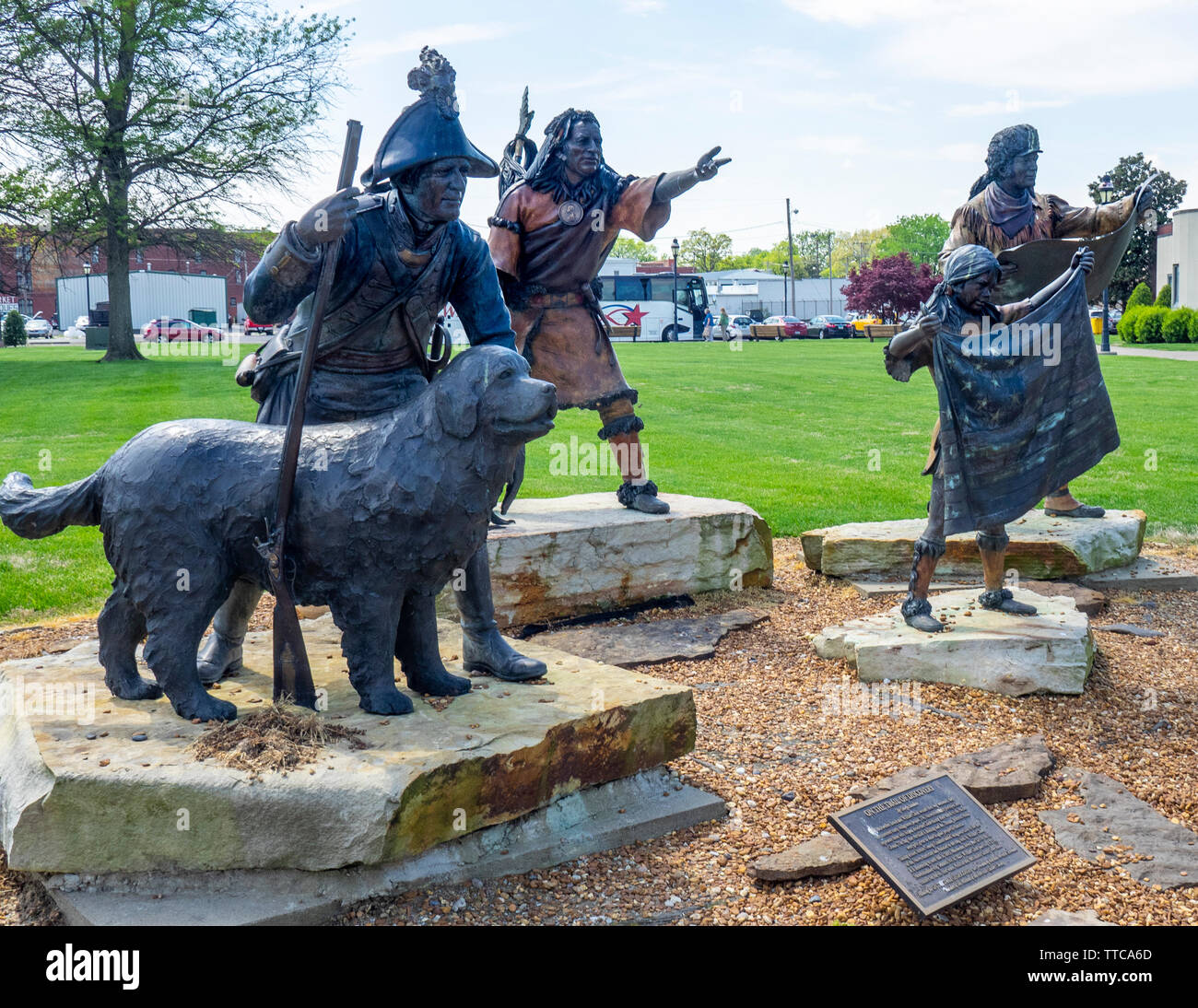 On the Trail of Discovery sculpture by George Lundeen depicting Meriwether Lewis, William Clark a native American man and girl, Paducah  Kentucky USA Stock Photo