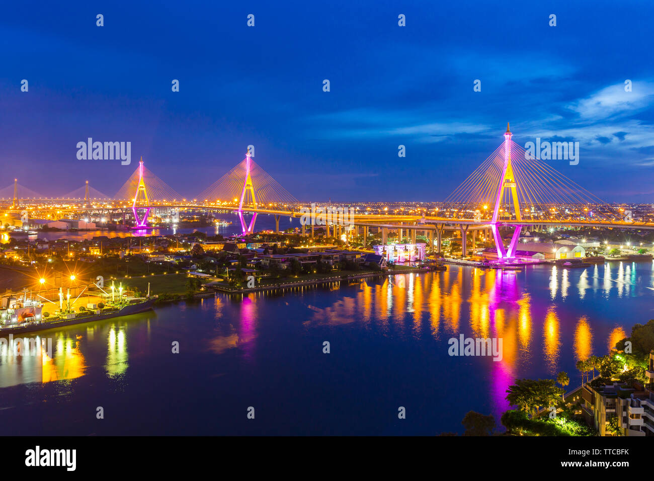 Bhumibol Bridge is one of the most beautiful bridges in Thailand and area view for Bangkok.The name of this bridge comes from the name of The king of Stock Photo