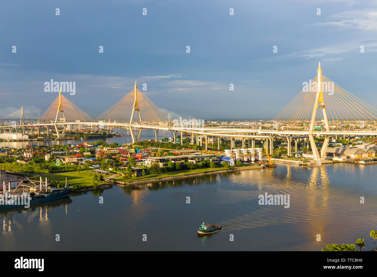 Bhumibol Bridge is one of the most beautiful bridges in Thailand and area view for Bangkok.The name of this bridge comes from the name of The king of Stock Photo