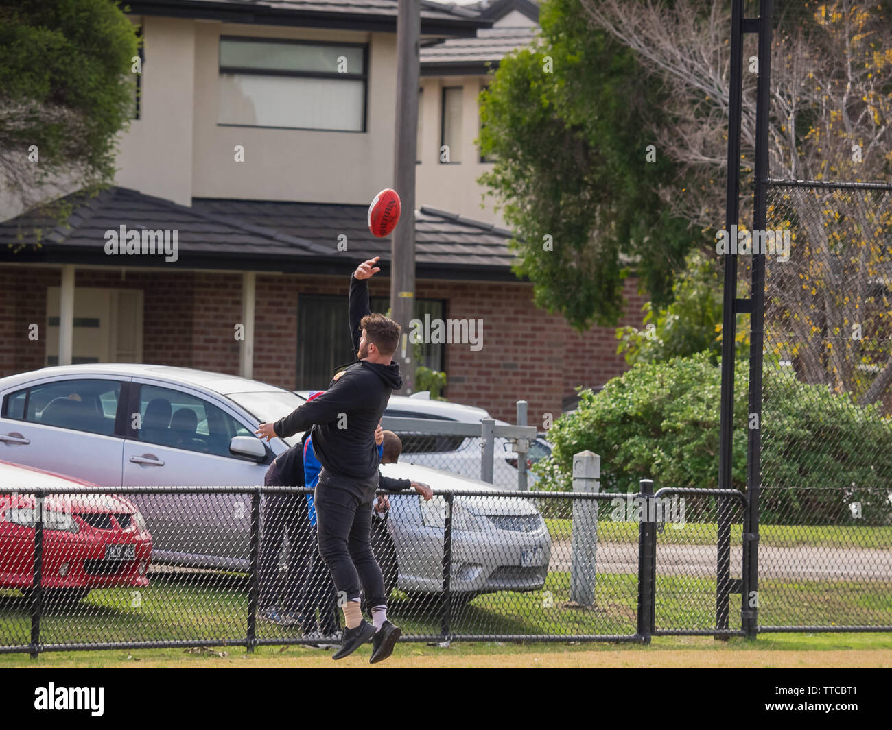 Hallam, VIC, Australia. 15th June 2019. Boundary throw in at the inaugural Paul Thomas Cup. Stock Photo