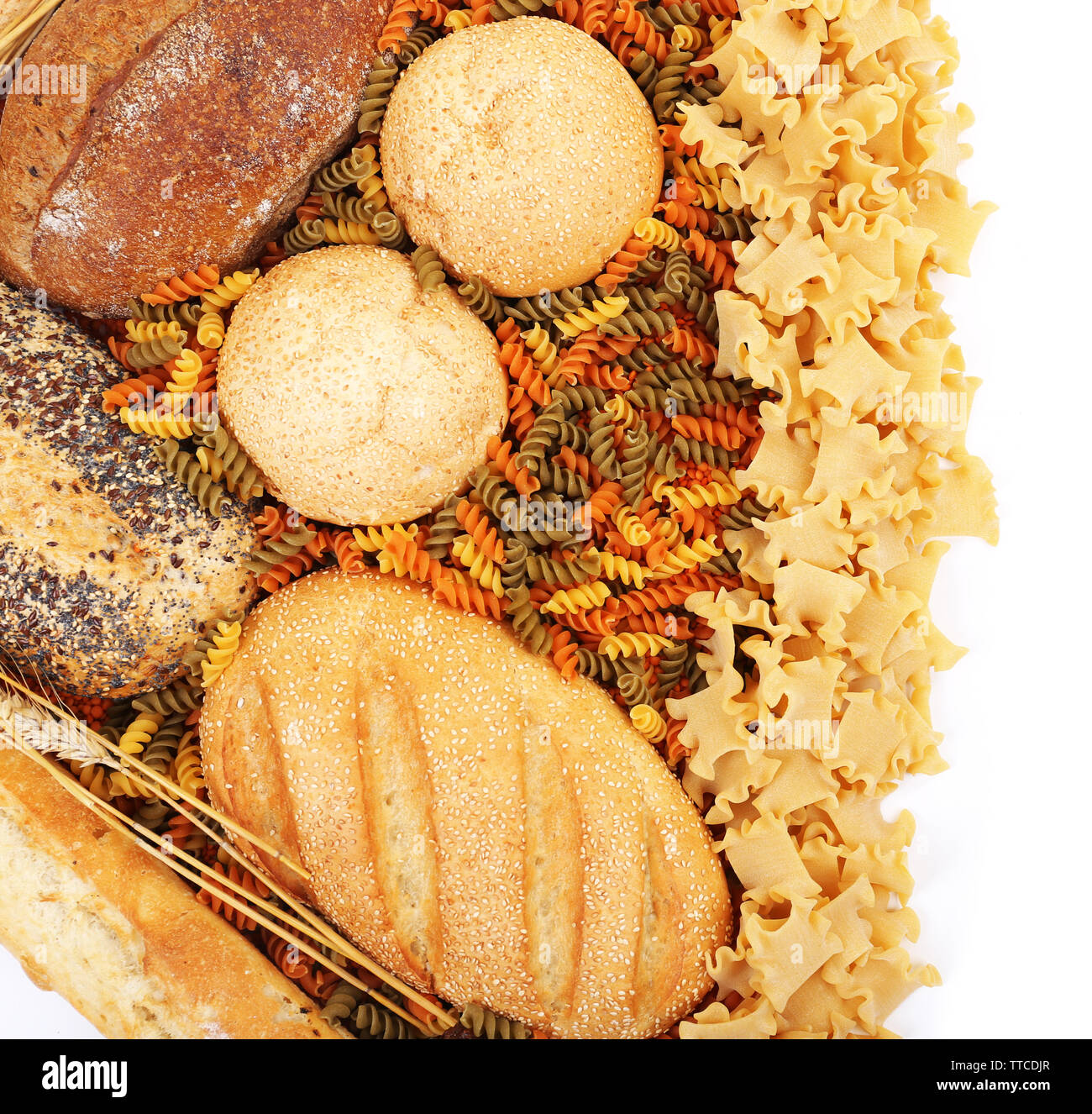 Different types of bread, pasta and cereal, isolated on white Stock Photo Alamy