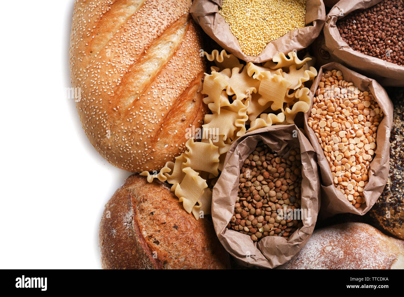 Different types of bread, pasta and cereal, isolated on white Stock ...