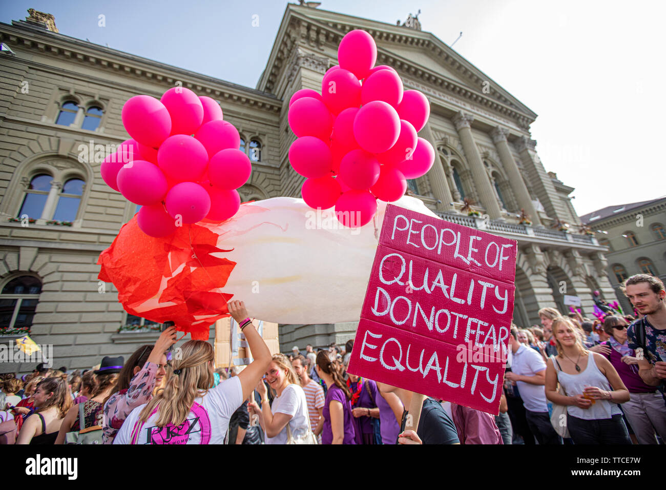 The Frauenstreik - Womens Strike - brought record numbers of women to the streets in all the big cities in Switzerland. In the capitol Bern, more than 40.000 marched throughout the city to fight for gender equality. Stock Photo