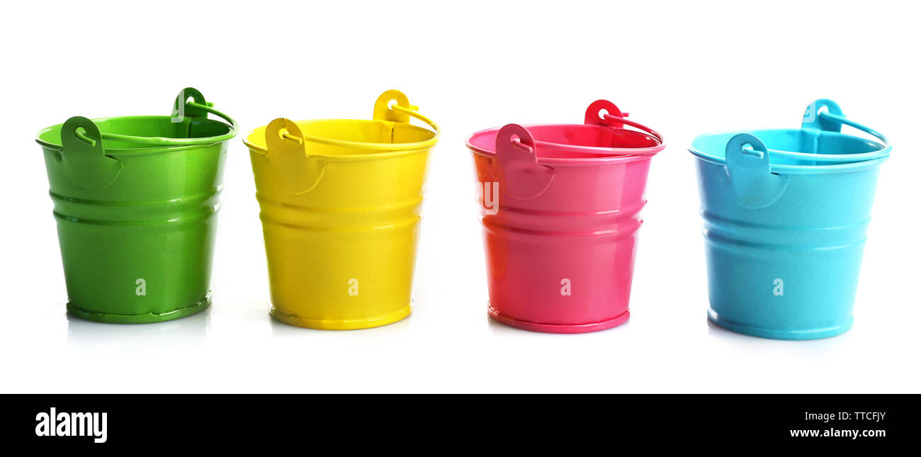 Four buckets of different colours, isolated on white Stock Photo Alamy