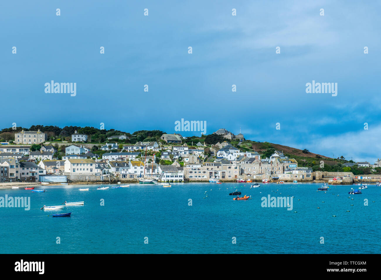 Hugh Town on St Mary's Isles of Scilly on a sunny April day. Hugh Town is the administrative