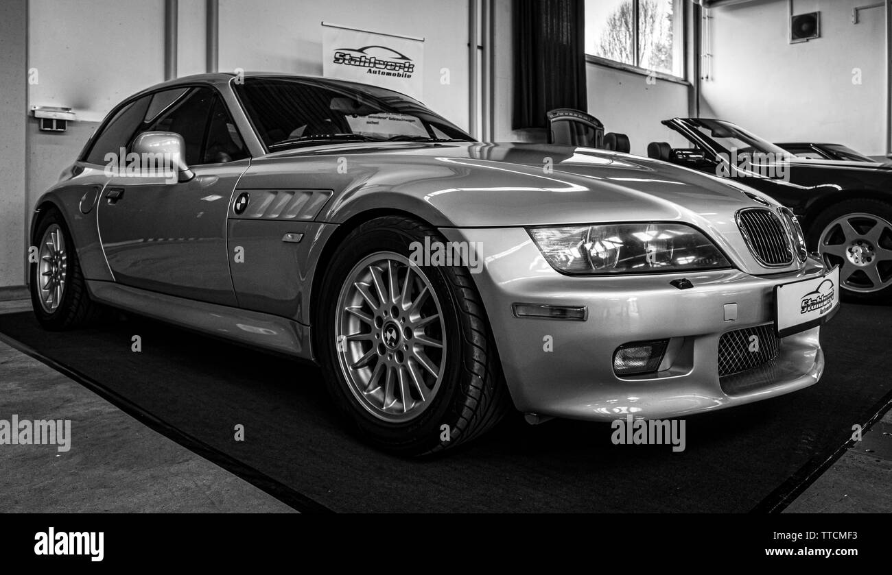 PAAREN IM GLIEN, GERMANY - JUNE 08, 2019: Sports car BMW Z3 shooting brake coupe, 2002. Black and white. Die Oldtimer Show 2019. Stock Photo
