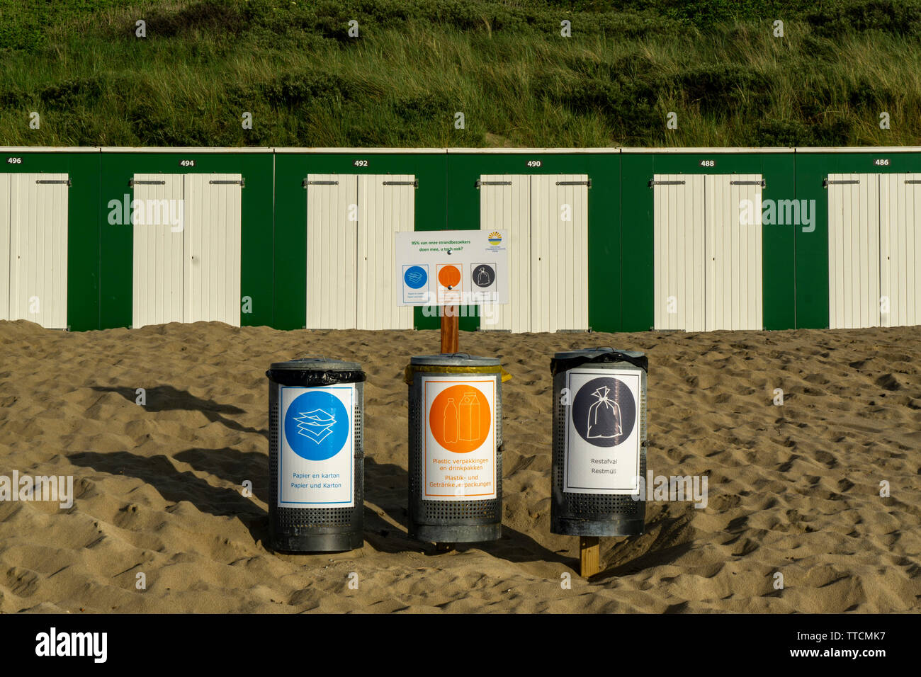 North Sea Beach near Domburg, Zeeland, Walcheren peninsula, Netherlands,  huts, bathhouses, trash cans, recycling, Stock Photo