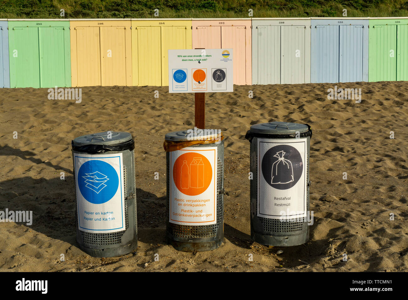 North Sea Beach near Domburg, Zeeland, Walcheren peninsula, Netherlands,  huts, bathhouses, trash cans, recycling, Stock Photo