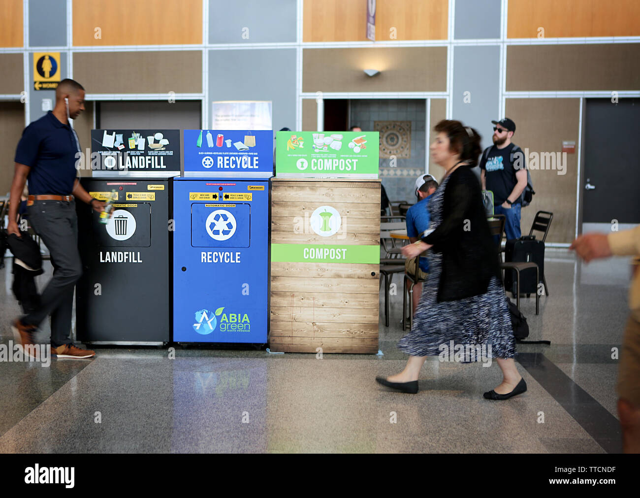 May 29, 2019. AustinBergstrom International Airport, Austin, Texas. Recycling bins landfill