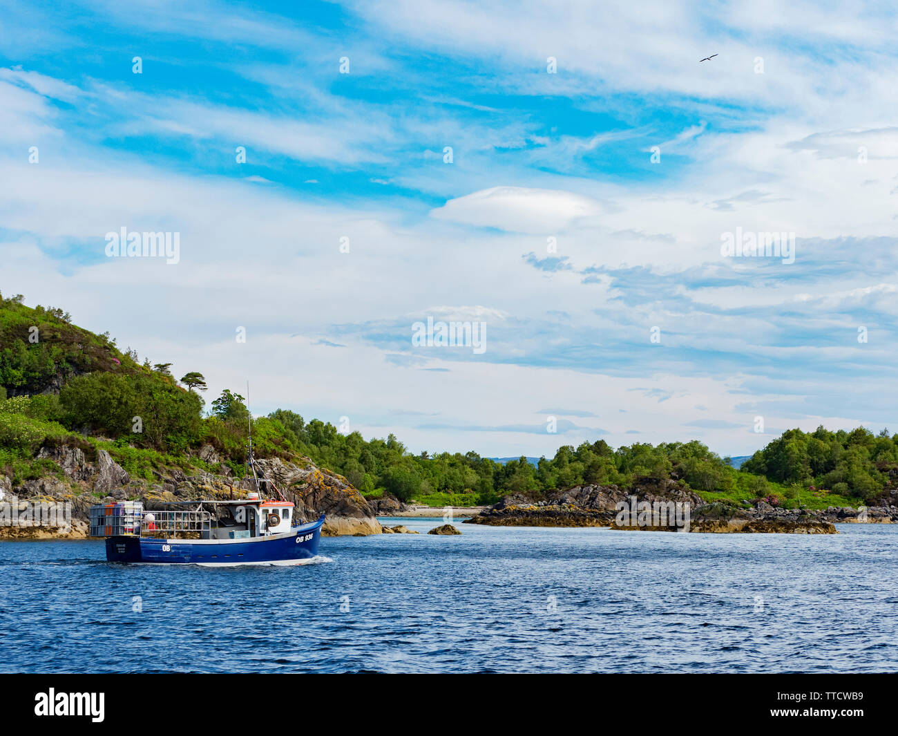 Fishing Boat Heading Out To Sea, Scotland Stock Photo