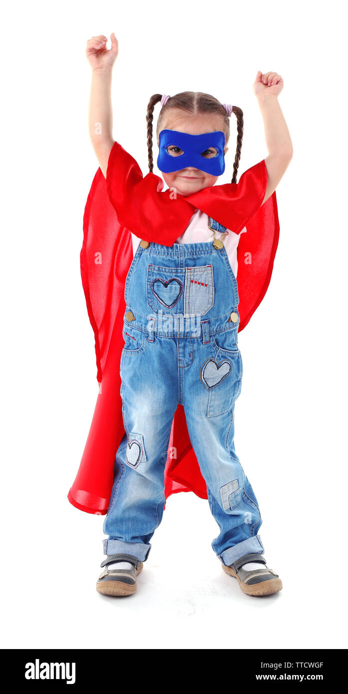 Cute little girl dressed as superhero isolated on white background Stock Photo Alamy